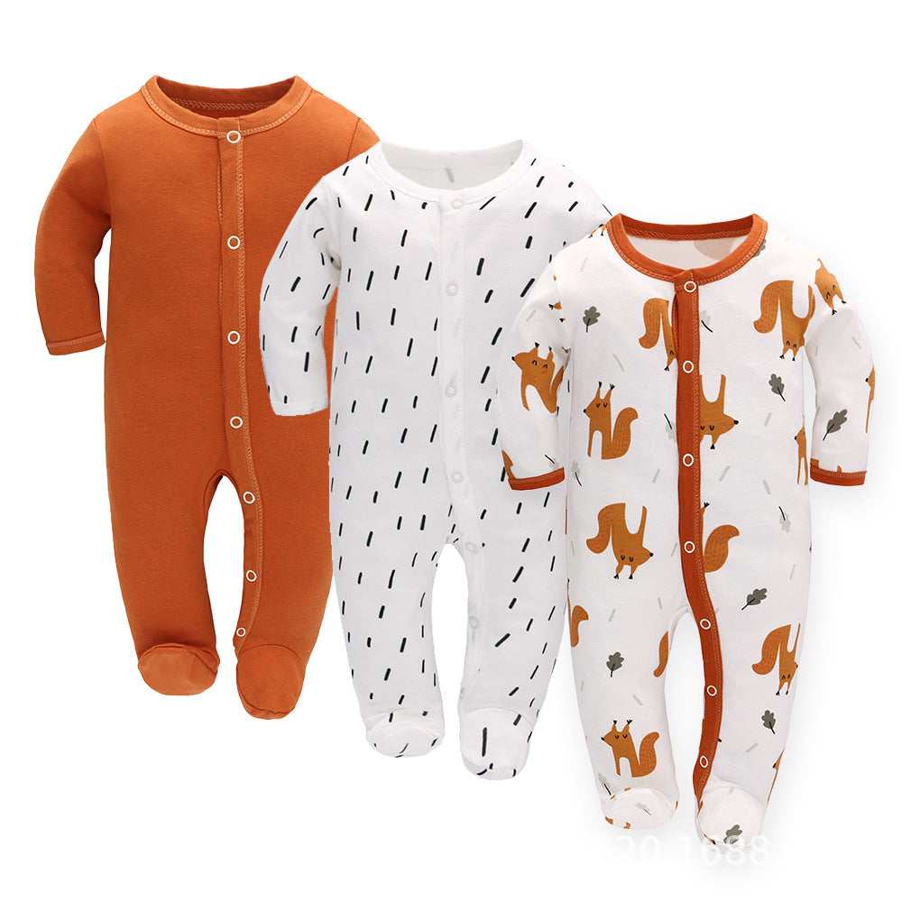 Côte & Crown baby long sleeve romper set with soft cotton baby sleeper in solid rust, white with black dashes, and white with fox print