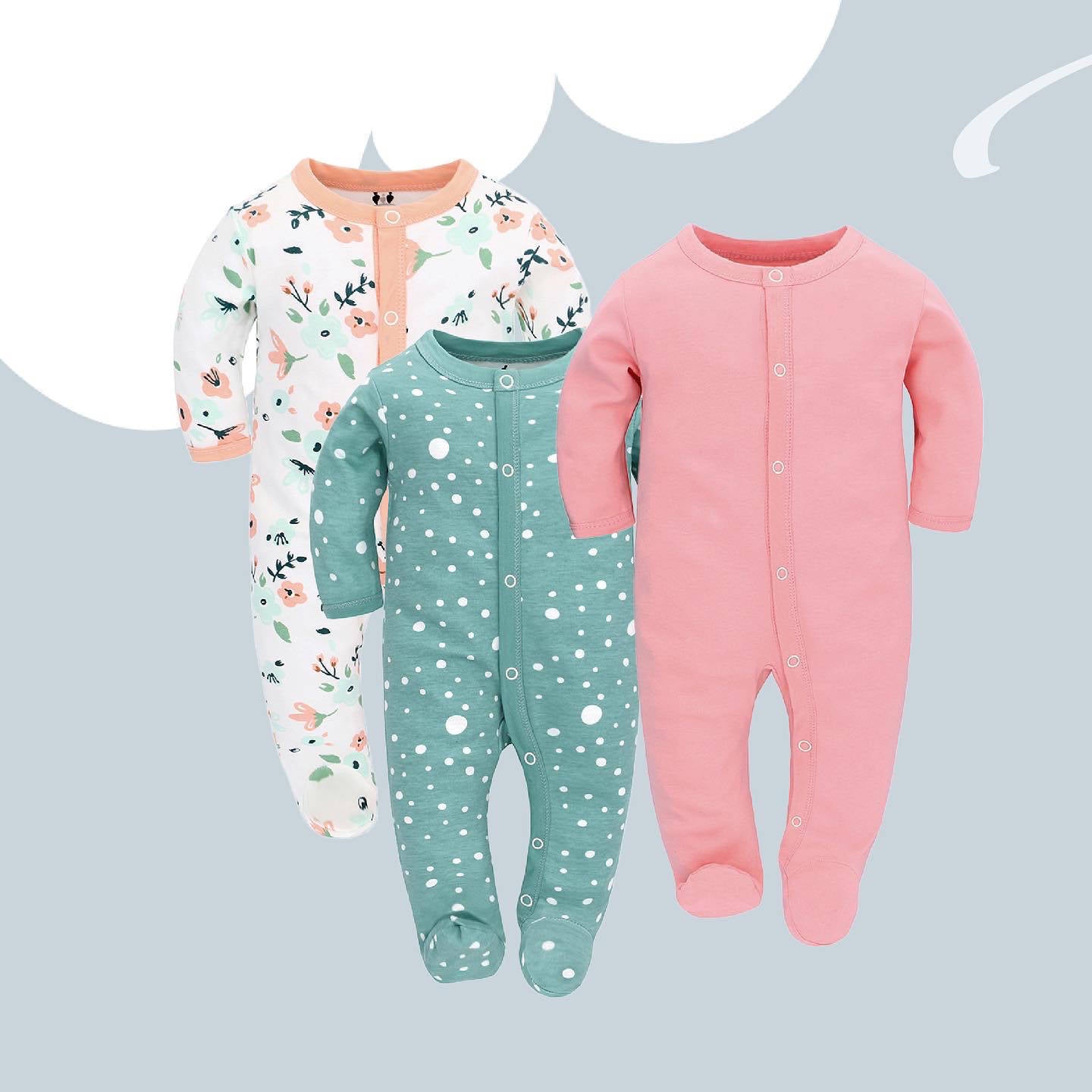 Côte & Crown baby long sleeve romper set featuring soft cotton baby sleeper in floral, polka dot, and solid pink designs