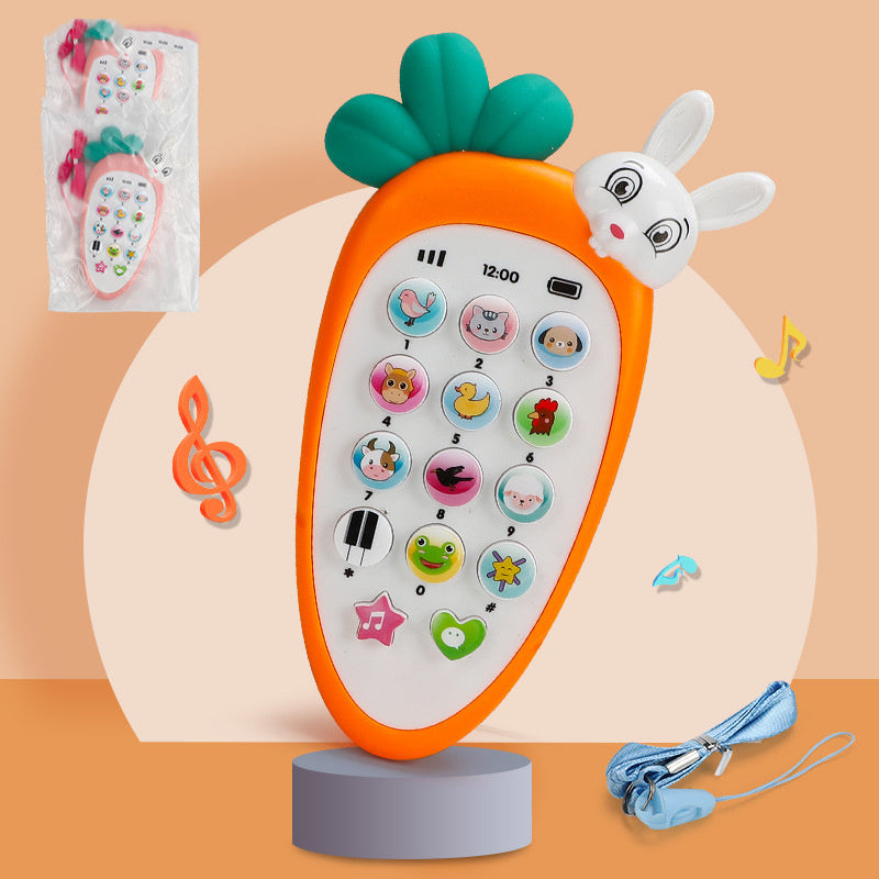 Côte & Crown baby toy shaped like a carrot with animal buttons and a bunny head for interactive play