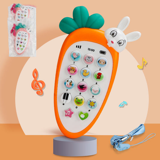 Côte & Crown baby toy shaped like a carrot with animal buttons and a bunny head for interactive play