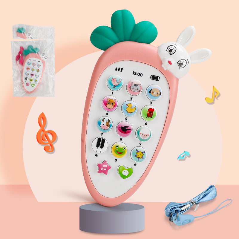 Côte & Crown baby toy shaped like a carrot with animal buttons and a white bunny head