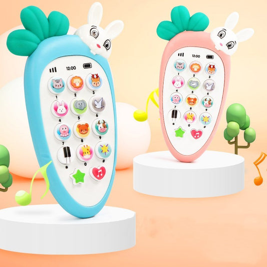 Côte & Crown carrot-shaped baby toy phone in blue and pink with animal buttons for early learning