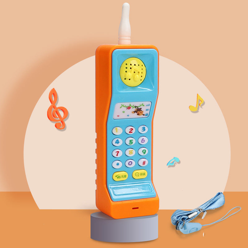Côte & Crown orange and blue baby toy phone with colorful buttons and attached blue strap
