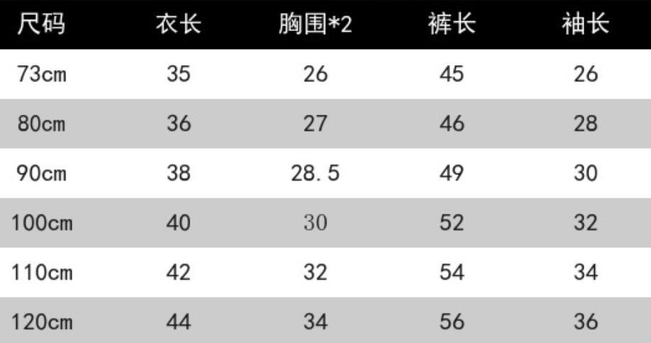 Size chart for Côte & Crown baby clothes showing measurements for length, chest, pants, and sleeves in centimetres