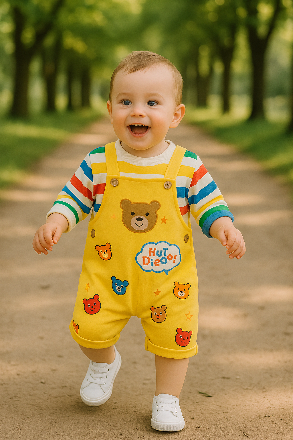 Côte & Crown baby clothes yellow dungarees with bear prints and striped long sleeve top