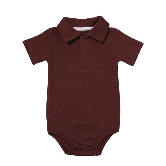 Côte & Crown baby onsie with collar in dark brown short sleeve cotton fabric