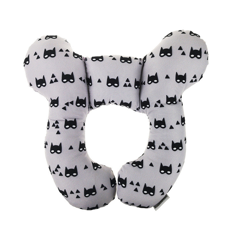 Côte & Crown U-shaped neck guard pillow for stroller with black cat mask pattern on gray fabric