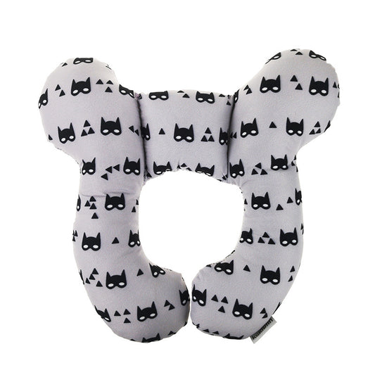 Côte & Crown U-shaped neck guard pillow for stroller with black cat mask pattern on gray fabric