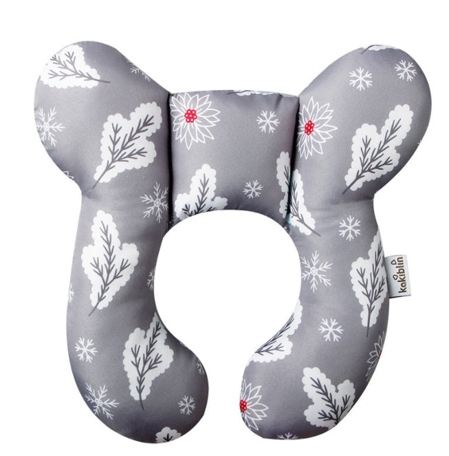 Côte & Crown gray U-shaped neck guard pillow for stroller with white leaf and snowflake pattern