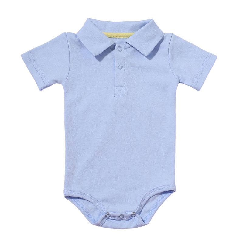 Côte & Crown baby onsie with collar in light blue short sleeve with buttons and snap closure