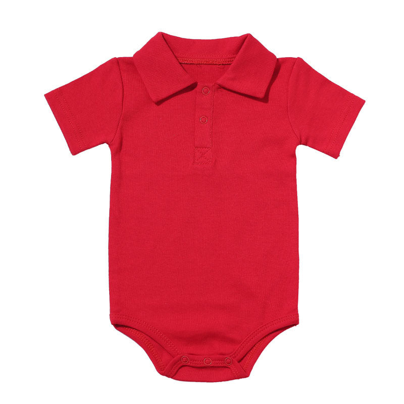 Red baby onsie with collar and short sleeves from Côte & Crown featuring button closure