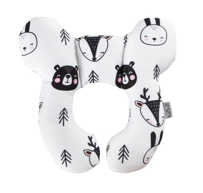 Côte & Crown U-Shaped Neck Guard Pillow for Stroller with cute animal patterns on white fabric