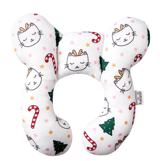 Côte & Crown U-shaped neck guard pillow for stroller with cute cat reindeer candy cane and Christmas tree print