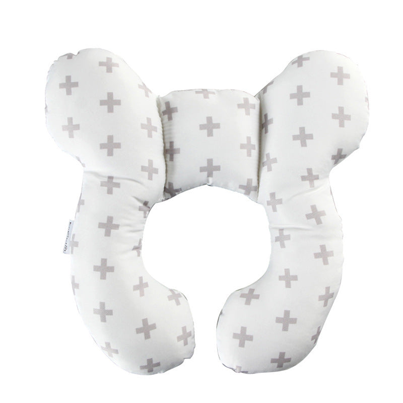 Côte & Crown U-Shaped Neck Guard Pillow for Stroller with gray cross pattern on white background