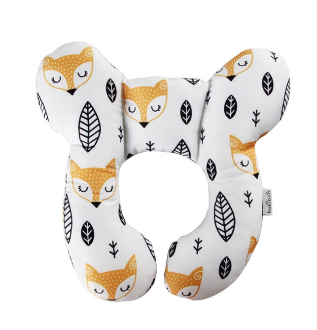 Côte & Crown U-shaped neck guard pillow for stroller with cute orange fox and black leaf pattern