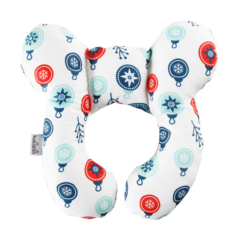 Côte & Crown U-Shaped Neck Guard Pillow for stroller with festive red blue and teal ornament pattern