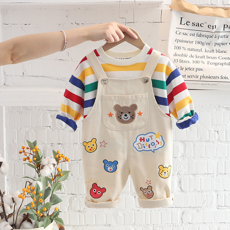 Côte & Crown baby clothes cream dungarees with cute bear patches and striped long sleeve top