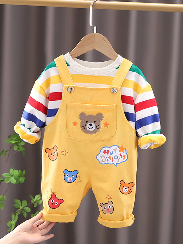Côte & Crown baby clothes yellow dungarees with bear patches and striped long sleeve top