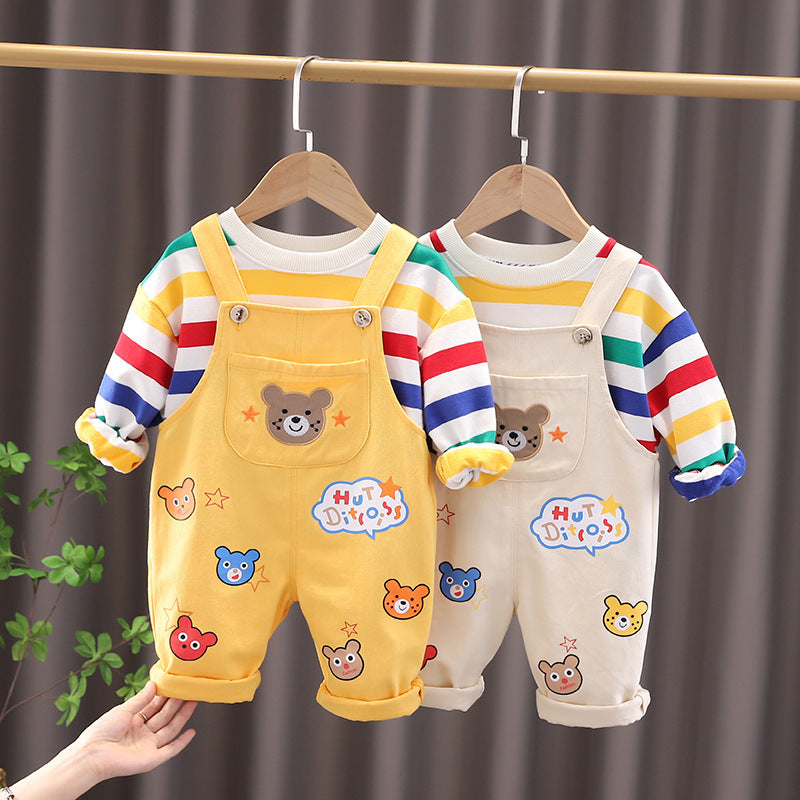 Côte & Crown baby clothes set with striped long sleeve tops and colourful bear print dungarees