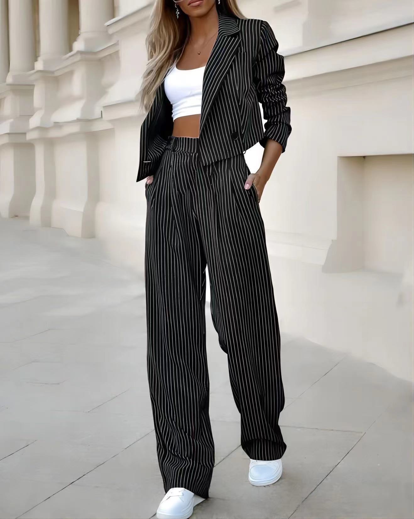 Striped Women's Office Suit with Tailored Blazer and Wide-Leg Trousers