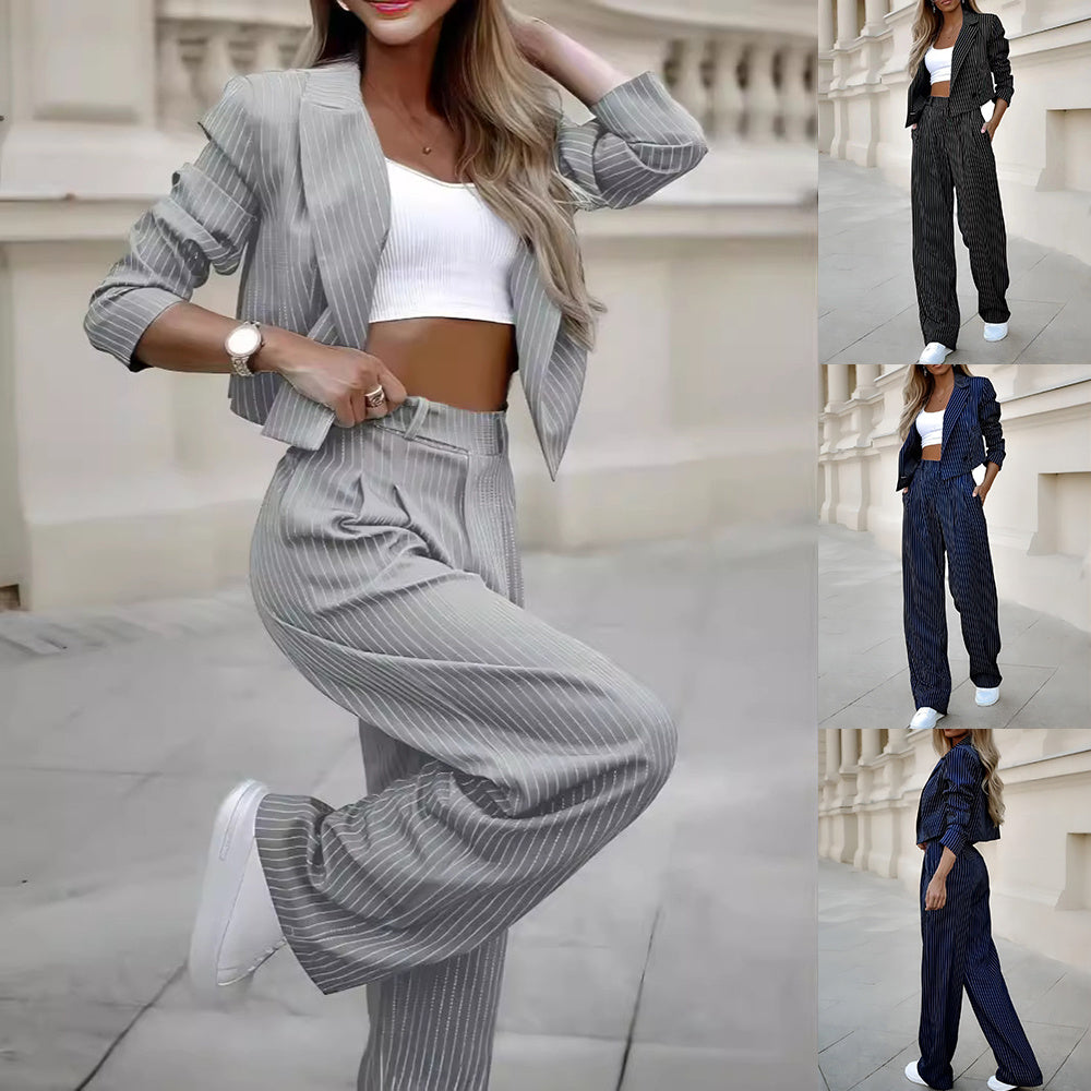 Women's Office Pinstripe Suit in Grey with Stylish Tailored Fit and Wide Legs