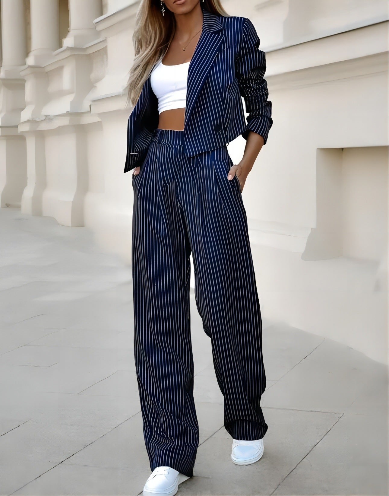  Women's Striped Office Suit with Blazer and Wide-Leg Trousers for Professional Looks
